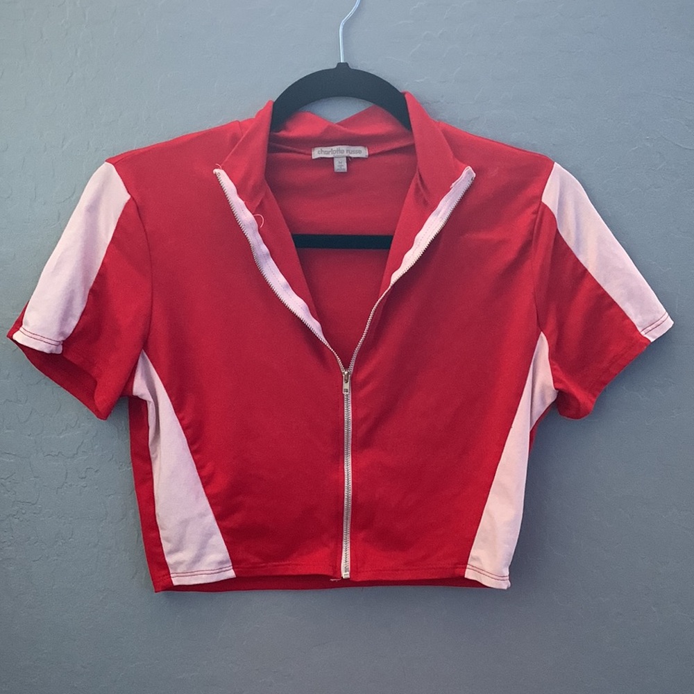 Red a white striped zip up crop tee